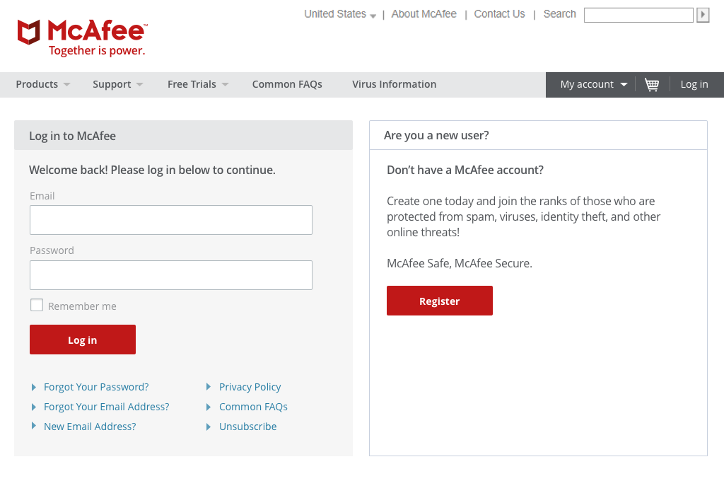 The public mcafee.com sign-in page under the “Together is power” brand: a “Log in to McAfee” card with email and password fields beside an “Are you a new user?” card offering registration.