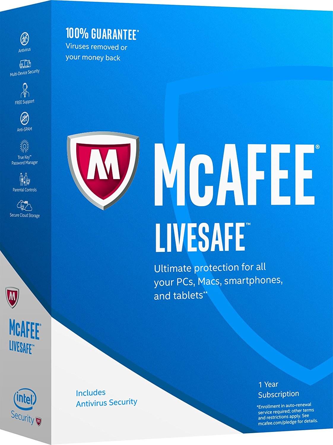 The McAfee LiveSafe retail carton: the red shield mark on a blue box promising “ultimate protection for all your PCs, Macs, smartphones and tablets”.