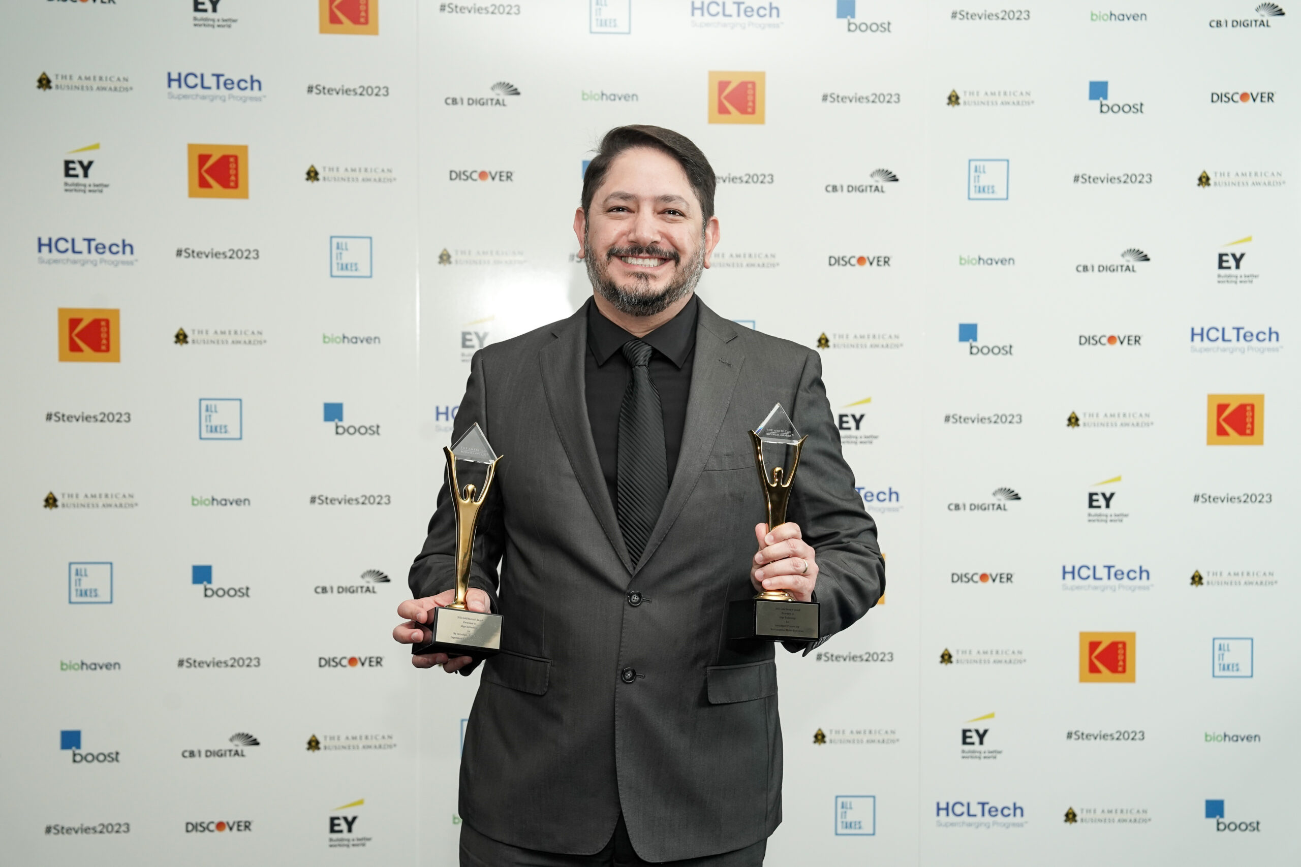 The Gold Stevie Award trophy — a gilded figure holding a globe aloft — presented for the American Business Awards in 2023.