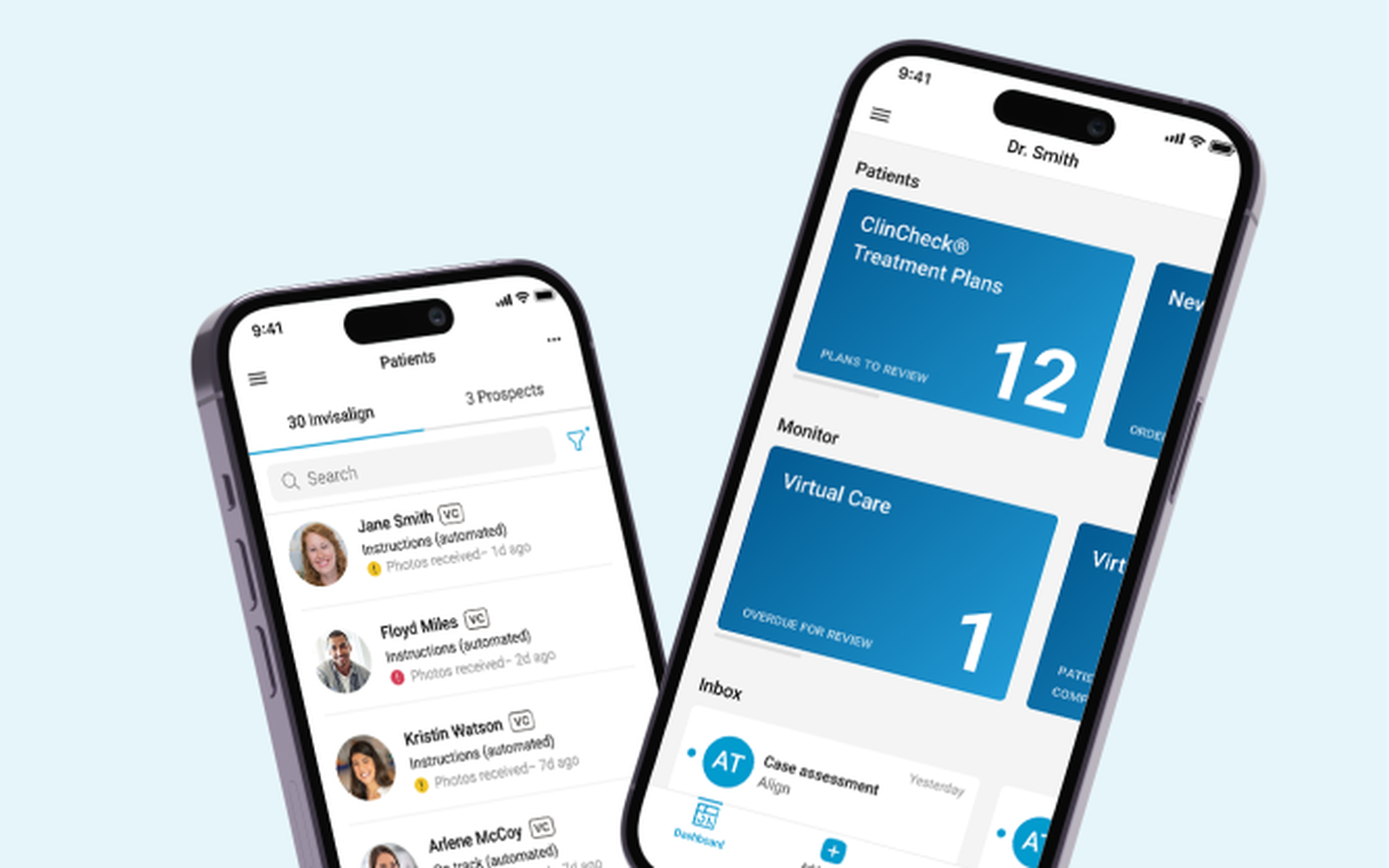 Two phones on a plain ground, angled toward each other, both showing the Invisalign 
      Practice App: one a list of patients with their status, the other a dashboard of task 
      tiles led by treatment plans awaiting review.